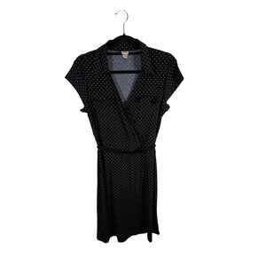 Merona Black White Polka Dot Wrap Dress Midi Short Sleeve Belted women's medium